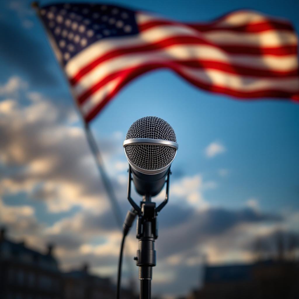 A microphone is positioned in front of an American flag waving in the background.