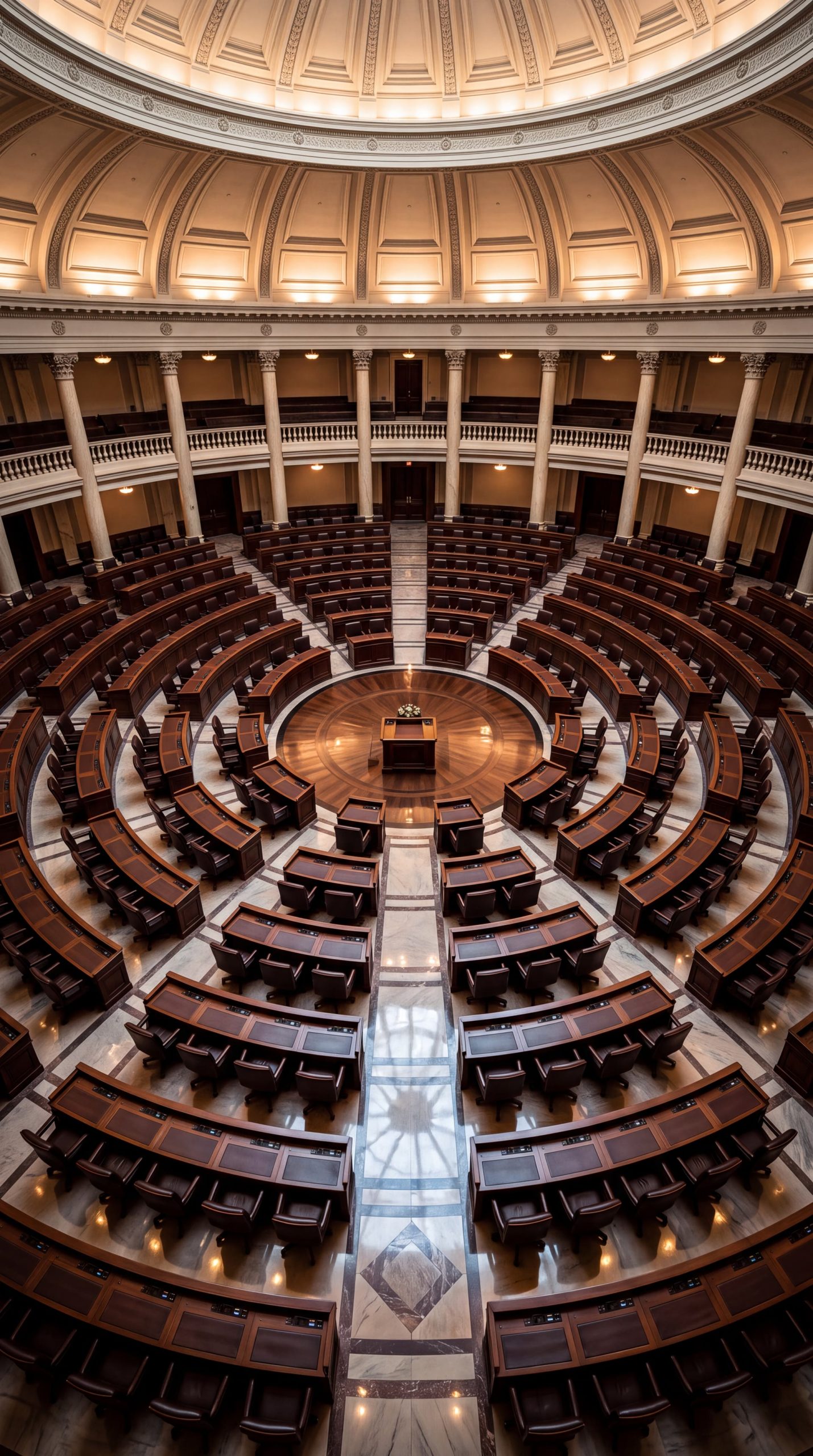 An interior view of a legislative chamber with circular seating arrangements.