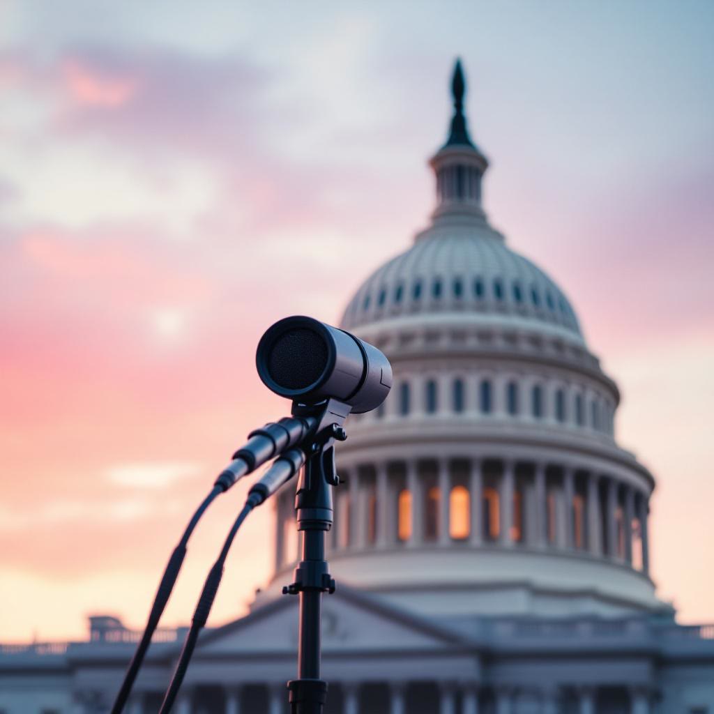 A microphone is positioned in front of the U.S
