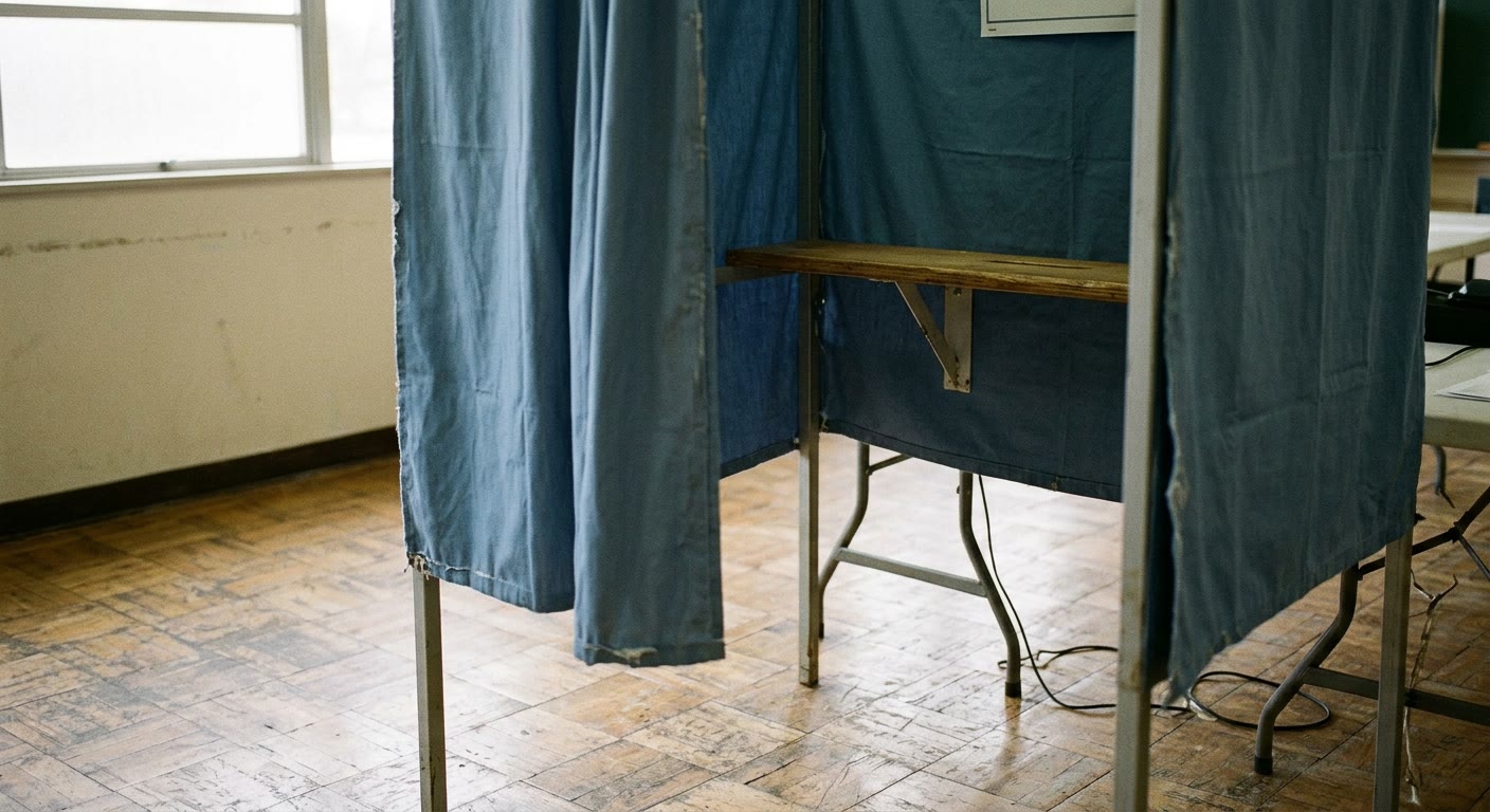 An empty voting booth with blue curtains in a room.