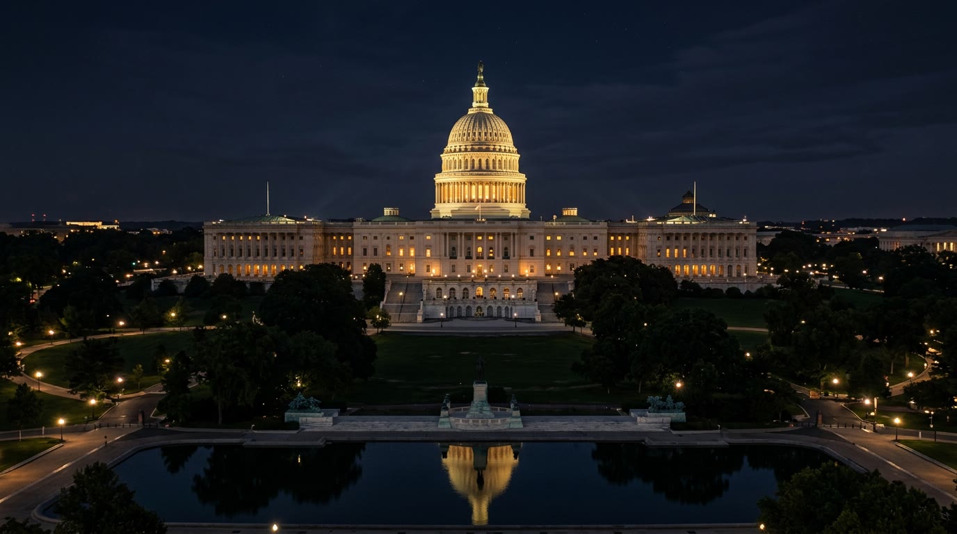 The United States Capitol building illuminated at night with a reflecting pool in the foreground.