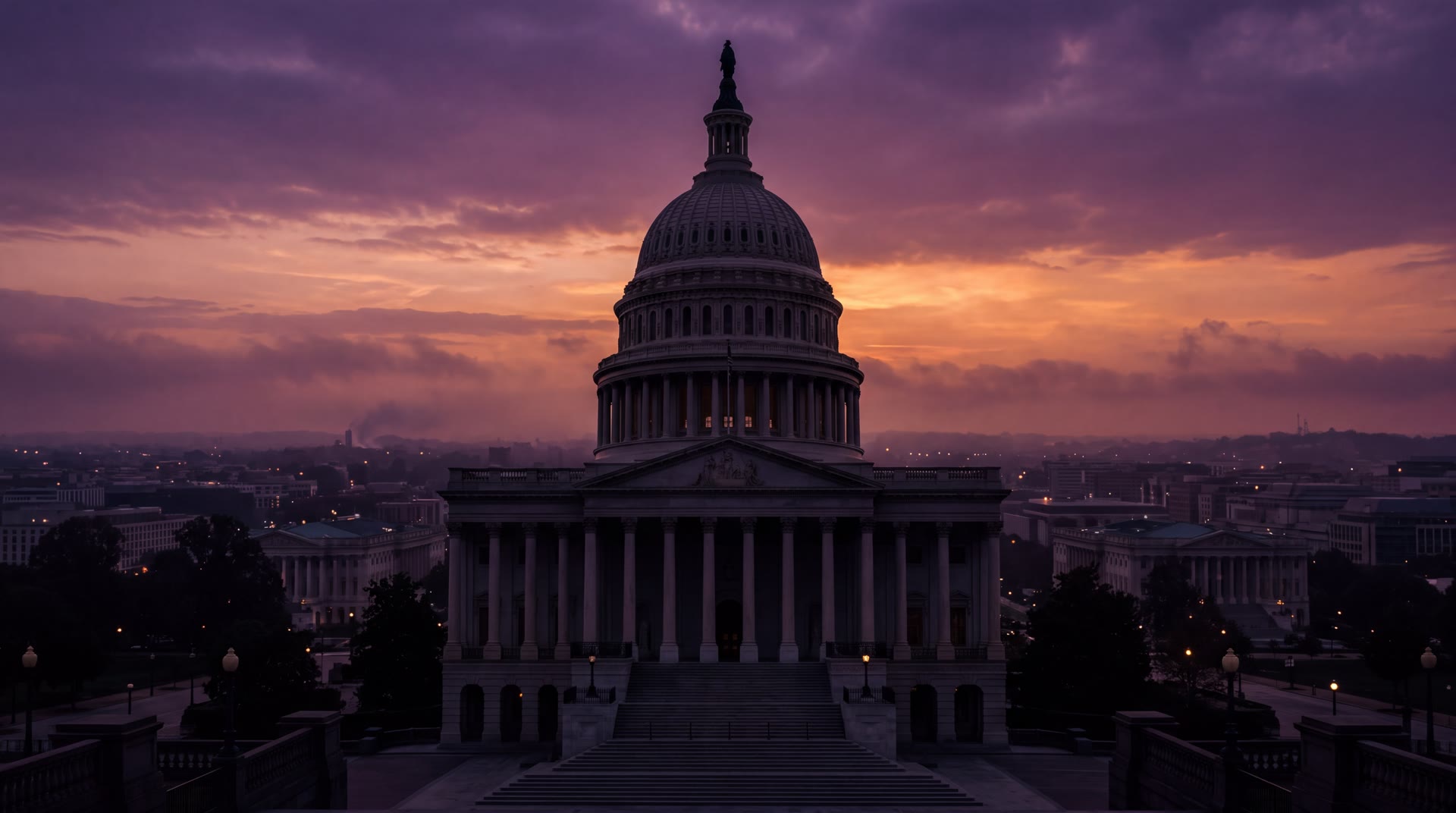 The image shows the United States Capitol building at sunset with a dramatic sky.