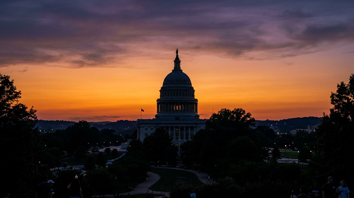 The silhouette of the United States Capitol building against a colorful sunset.