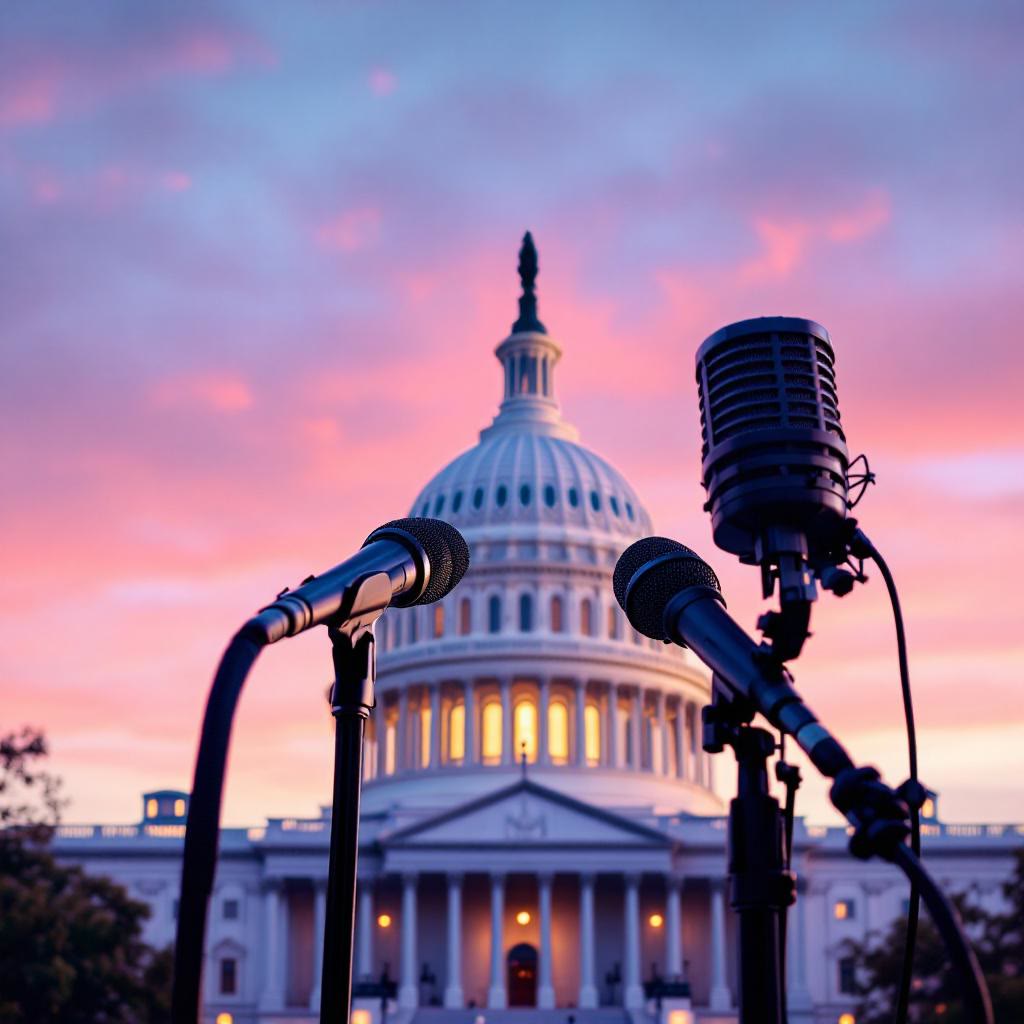 Two microphones are positioned in front of the U.S