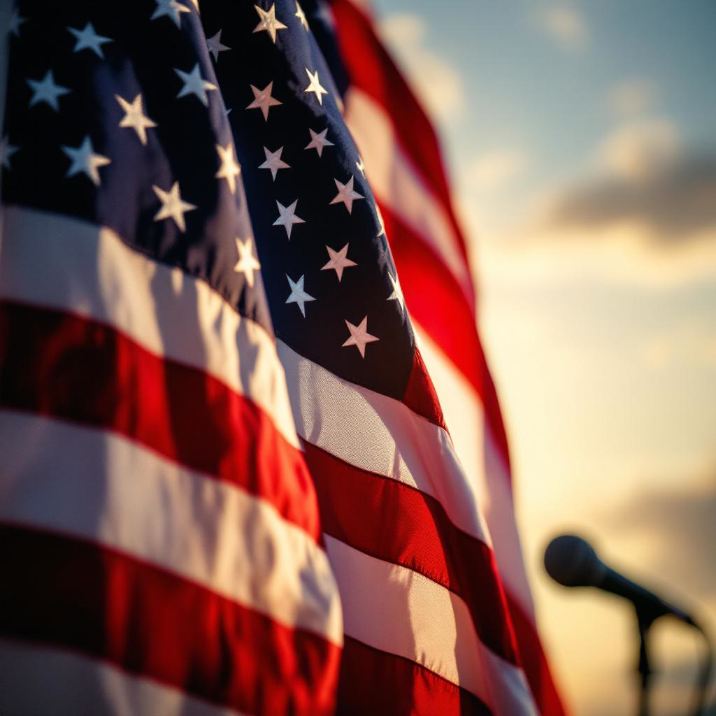 The image features American flags waving in the wind with a blurred microphone in the background.