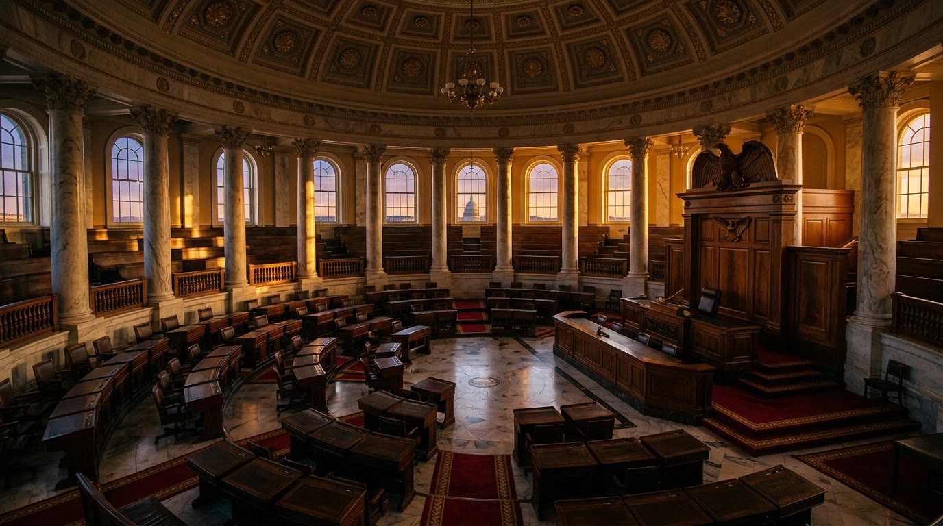 An interior view of a historic legislative chamber with wooden seating and large windows.