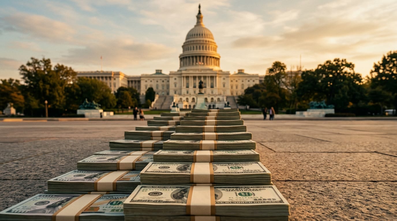 A stack of money is placed in front of the U.S