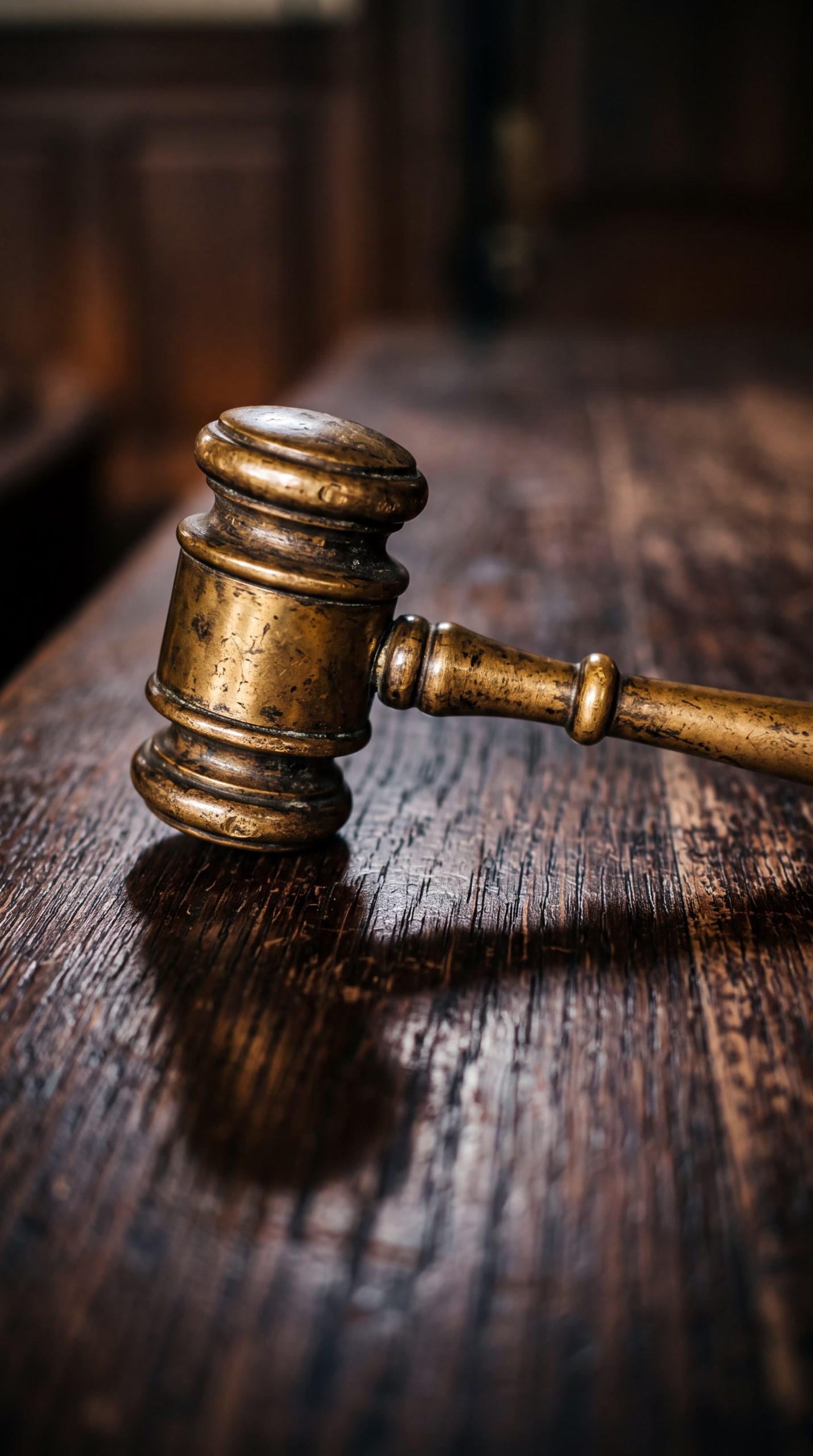 A close-up of a wooden gavel resting on a polished wooden surface.