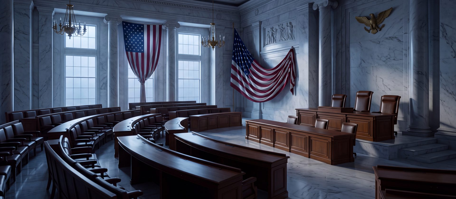 A marble legislative chamber with curved wooden desks and two American flags