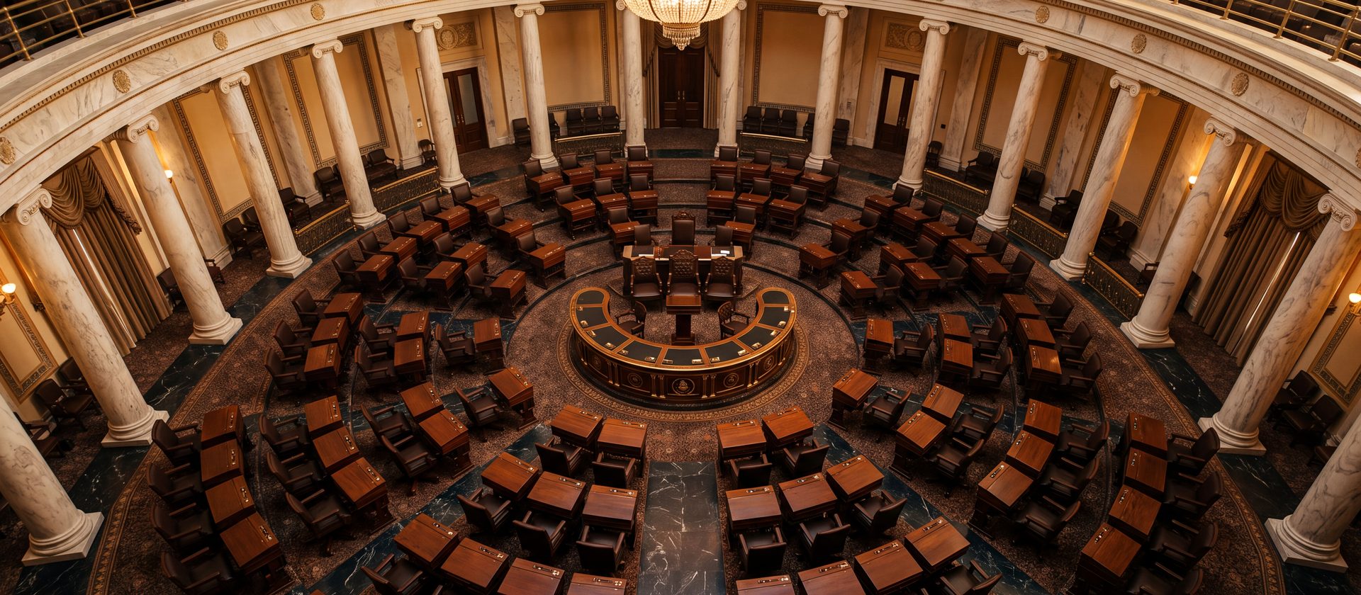 Legislative chamber floor A semicircular legislative chamber with rows of wooden desks under a ring of columns