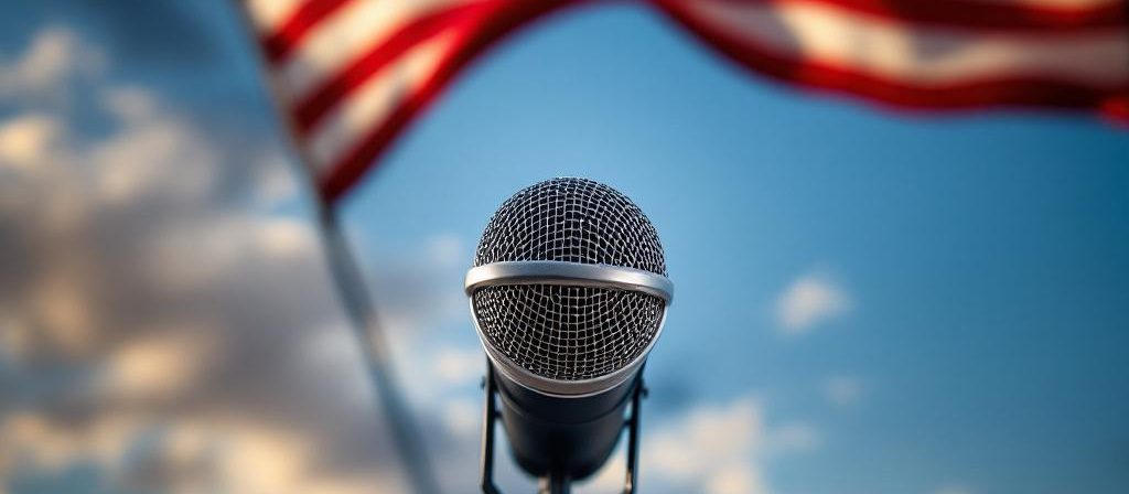 Microphone and American flag A microphone in front of a waving American flag