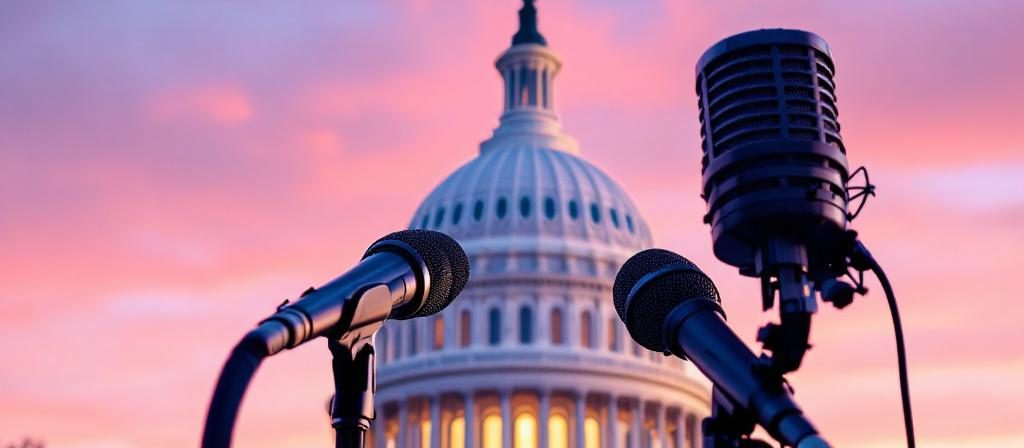 Press microphones at the U.S. Capitol Press microphones in front of the U.S. Capitol dome at sunset