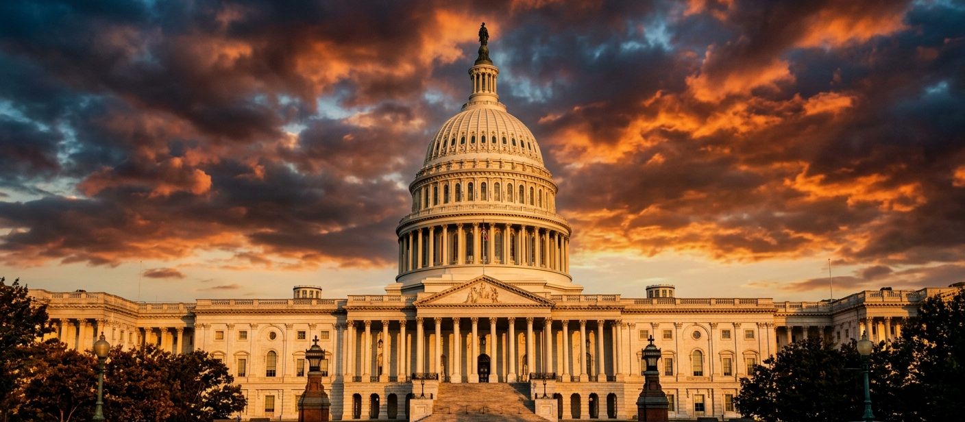 The U.S. Capitol dome and west front under a dramatic evening sky