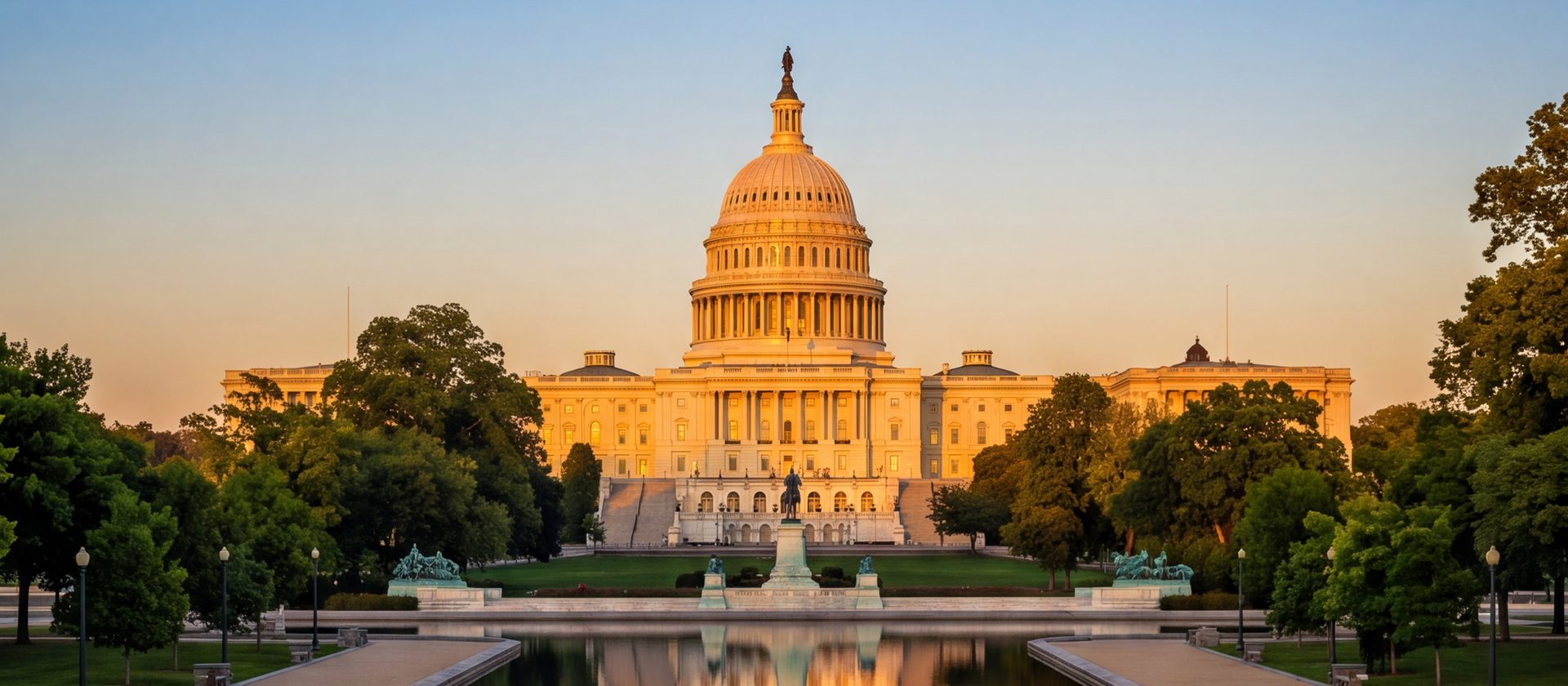 The U.S. Capitol reflected in the Capitol Reflecting Pool at sunset