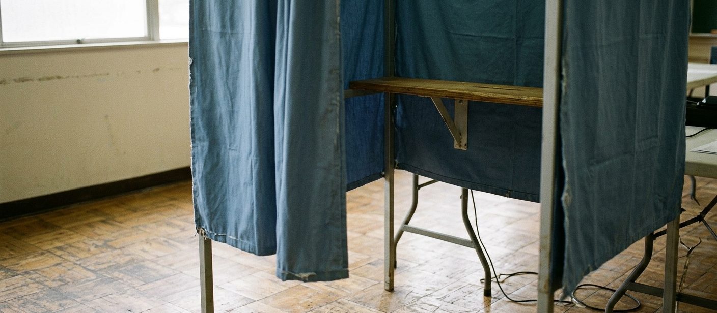 Voting booth An empty voting booth with blue privacy curtains